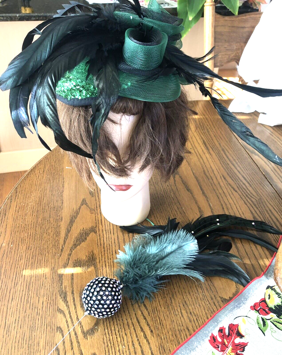 J HENLEY COUTURE Green & Blk Feathers Fascinator Church or 