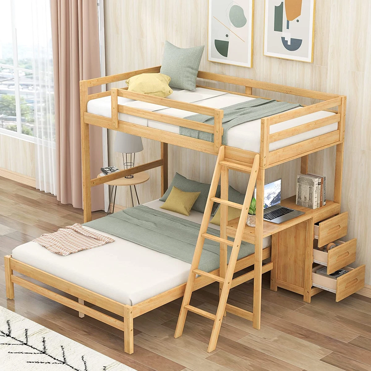 Bunk Bed with Built In Desk and Three Storage Drawers Solid Wood