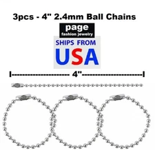 3pcs - 4"- 2.4mm Stainless Steel Ball Chain Connector Extension, Dog Tags, Keys