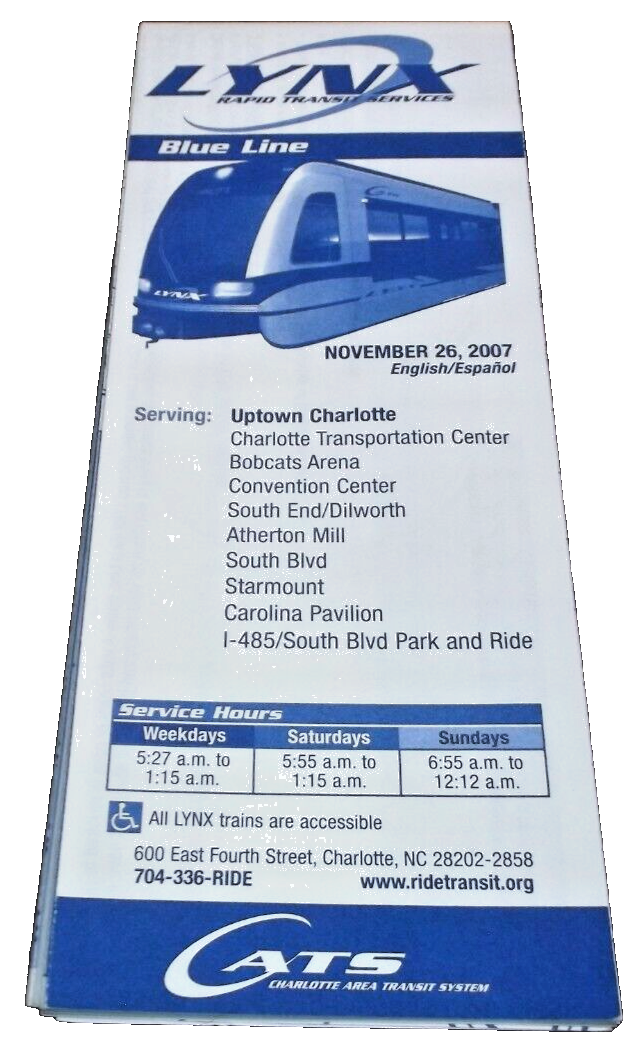 NOVEMBER 2007 CHARLOTTE LYNX BLUE LINE LIGHT RAIL TIMETABLE EBay november-2007-charlotte-lynx-blue-line-light-rail-timetable-ebay
