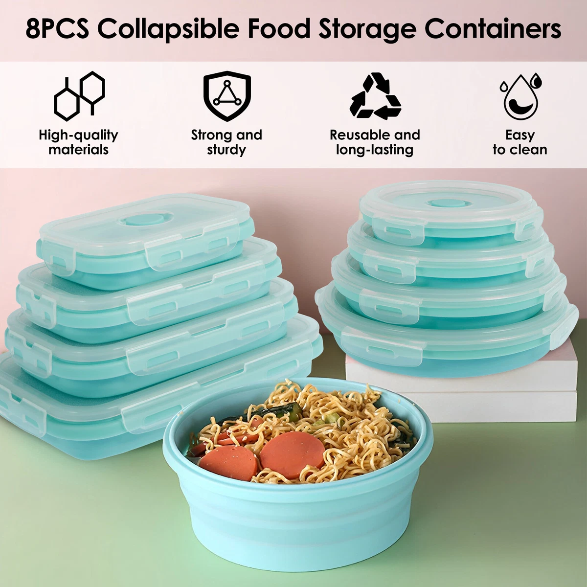 8Pcs Collapsible Food Storage Containers Reusable Silicone Lunch Containers  US