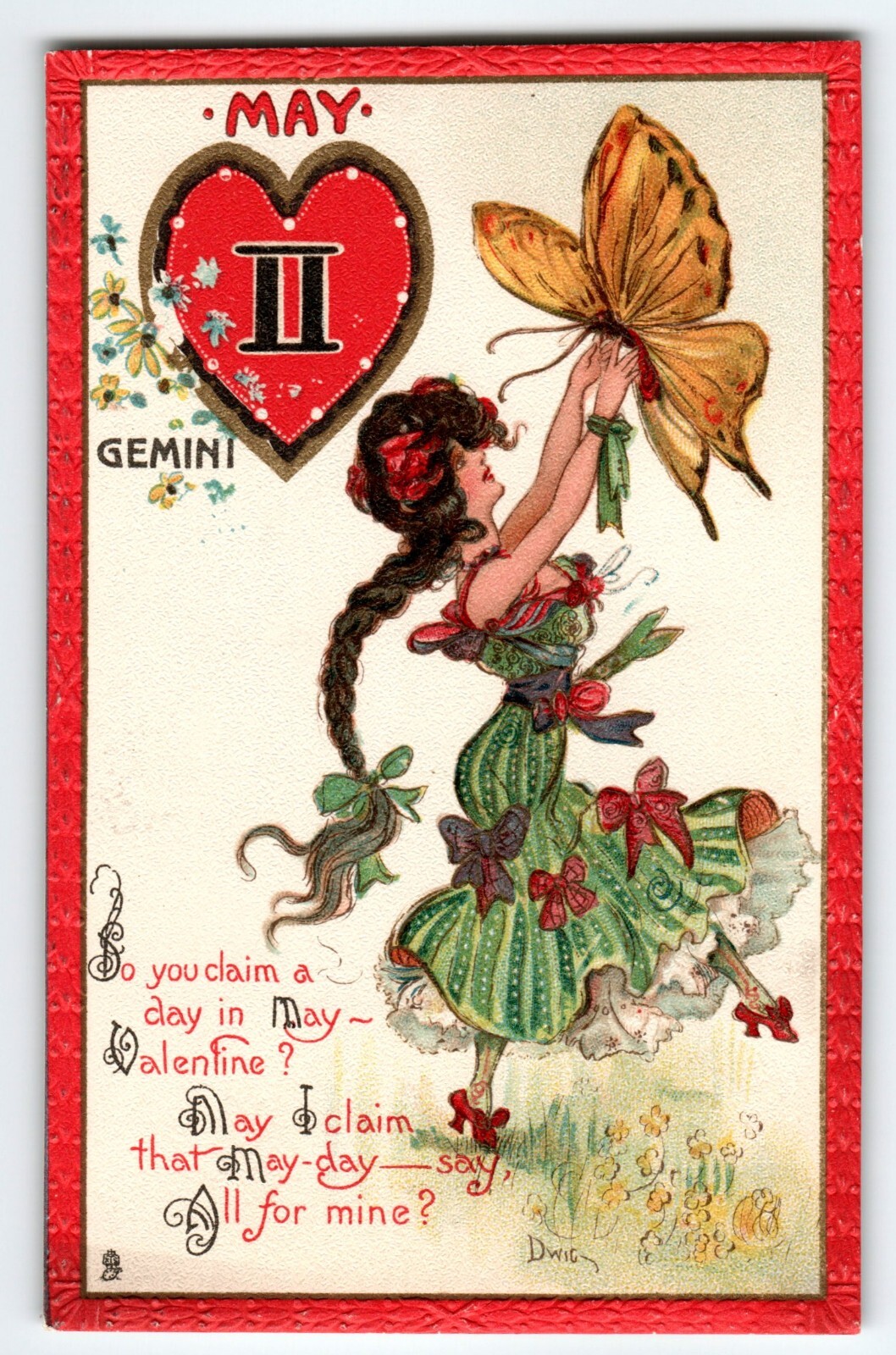 Tuck Postcard Dwig Gemini Fancy Fashion Lady Butterfly Zodiac May Horoscope 128