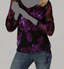 I.N.C. Women's Black Purple Floral V-Neck Bubble-Hem Casual Blouse Size S