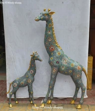 39" Cloisonne Enamel Gilt Giraffe Sika Deer Elk Wapiti Moose Animal Statue Pair