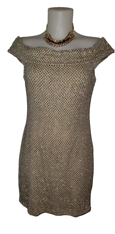 90s Y2k Womens Gold Glitter Off The Shoulder Coquette Cocktail Mini Dress Sz 15 - Image 2 of 4