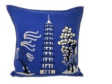 Jan Constantine Hand Embroidered  Wool Pillow Blue Pagoda  Chinoiserie New