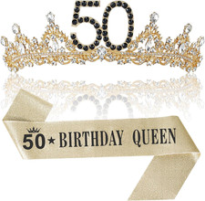 50Th Birthday Crown and Sash for Women, 50 Tiara Black Gold 50Th Birthday Decora