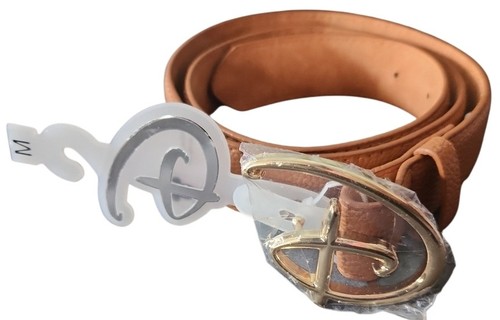 NWT DISNEY "D" Brass Look Faux Leather Light Brown Women's Belt Medium - Picture 2 of 4