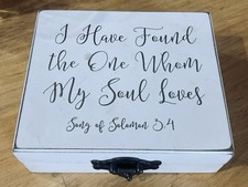White Wooden Rustic Mr Mrs Wedding Ring Holder Box w/ Latch 6 x5