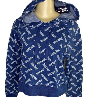 Tommy Hilfiger Jeans Hoodie Women Sz L Denim Crop Sweatshirt Spell Out Retro NWT