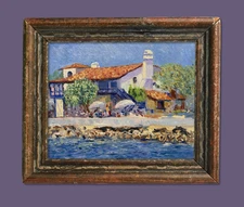 Oil Painting Seaport Village View Original 8x10 Coastal Art Red Roof Scene