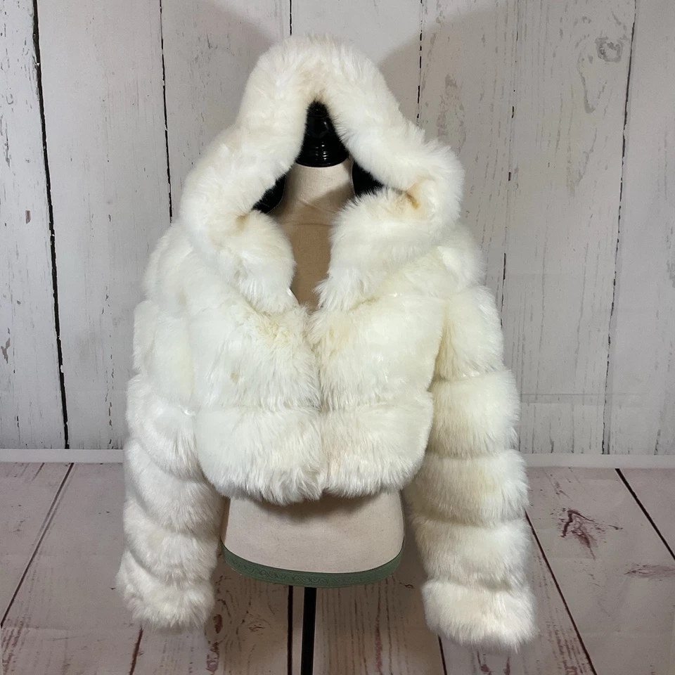 White Faux Fur Jacket Short Coat Womens L Cropped Hooded Fluffy Boho Hip Hop - Image 2 of 4