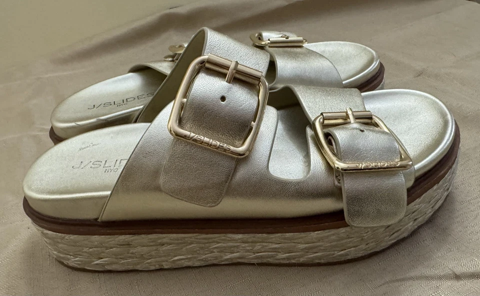 J Slides Bonnie Leather Gold Metallic Double Buckle Platform Mules 8.5 - Image 2 of 4