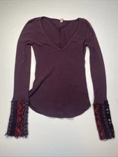 We The Free PURPLE Art School Embroidered V-Neck Thermal Waffle Top Small