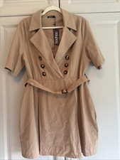 Boohoo Beige Utility Blazer Shirt Dress Horn Button Belted Short Dress Size 16