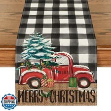 Artoid Mode Buffalo Plaid Merry Christmas Tree Table Runner, Seasonal Truck G