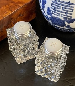 Rare 19C Birks Sterling Silver Mother Pearl Crystal Salt Pepper Set 2” c1879