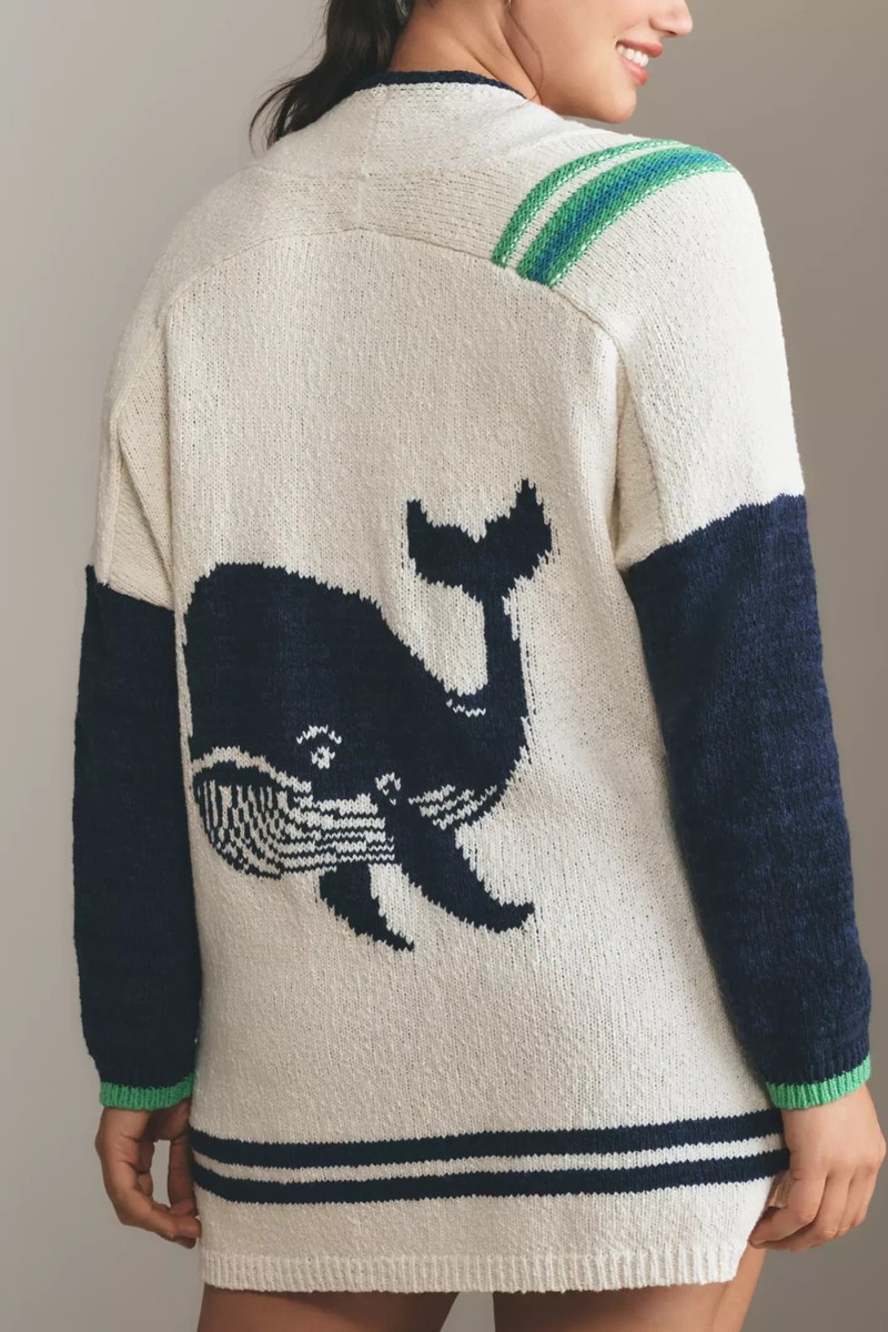 Anthropologie Maeve Nautical Buoy Cardigan Sweater Whale Seahorse