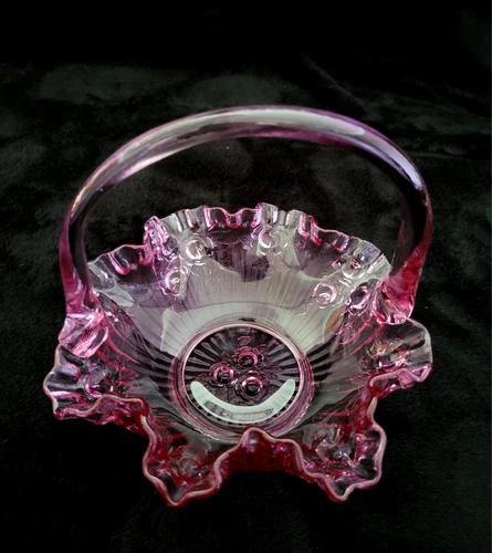 Vintage FENTON GLASS Cabbage Rose Pattern Lavender Basket W/ Handle - Rare Color