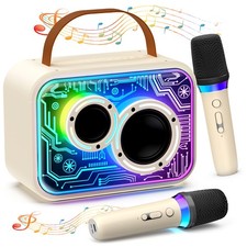 Bluetooth Karaoke Machine Portable Speaker, Dual Wireless Mics, LED Party Lights