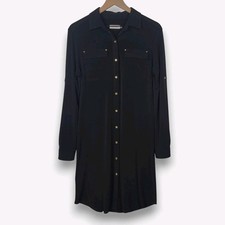 Calvin Klein Black Utility Shirt Dress Women’s 8 Gold Button Minimalist Chic