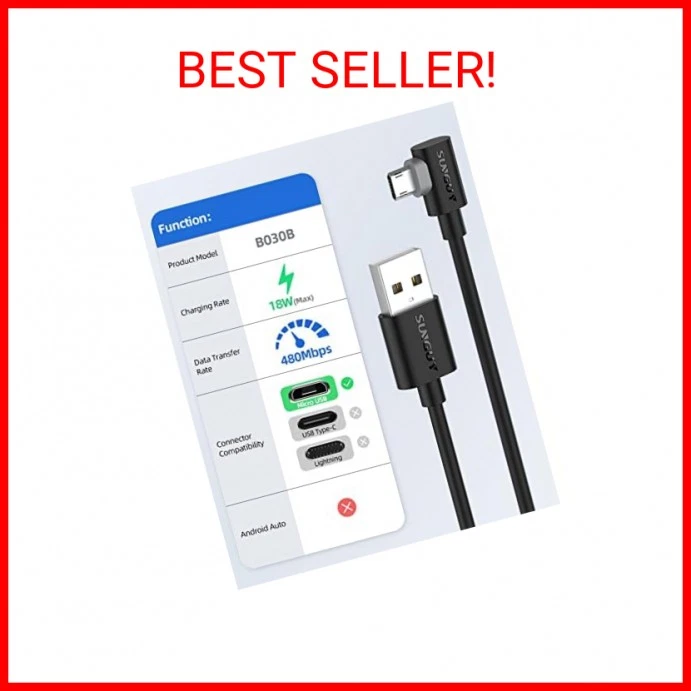 SUNGUY Micro USB Cable 1FT [2 Pack], Right Angle Micro USB Cable Fast Charging & - Image 2 of 2