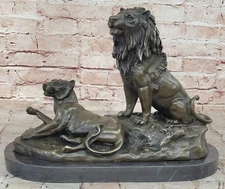 Genuine Bronze Art Statue Marble Base Male Lion Jungle King - LARGE SCULPTURE