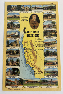 Vintage Linen Postcard ~ California Missions State Map View, Fray Junipero Serra