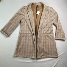 Windsor Long Blazer Jacket Womens Large Taupe Navy Paid Open Fleece Dress NWT