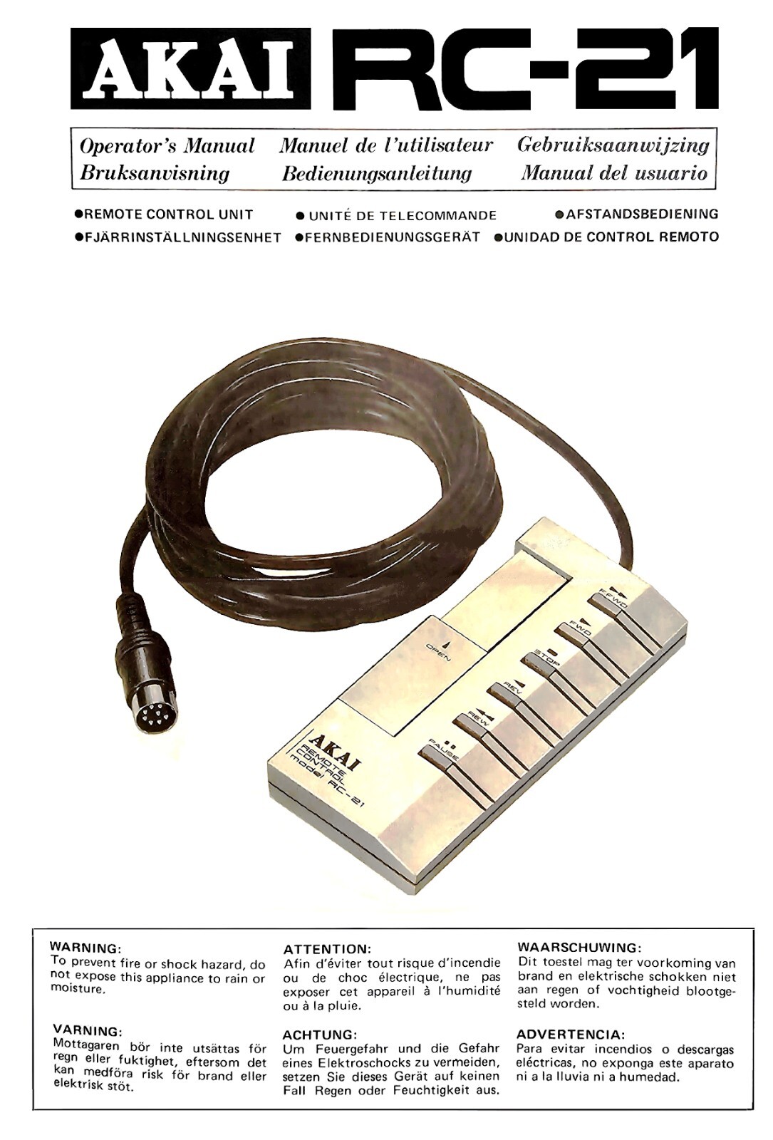 High res scans of Akai RC-21 remote control owner's manual for GX-F95 GX-747dbx