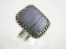 Unmarked Sterling Silver Artisan Made Blue Lace Agate Statement Ring Size 8.5