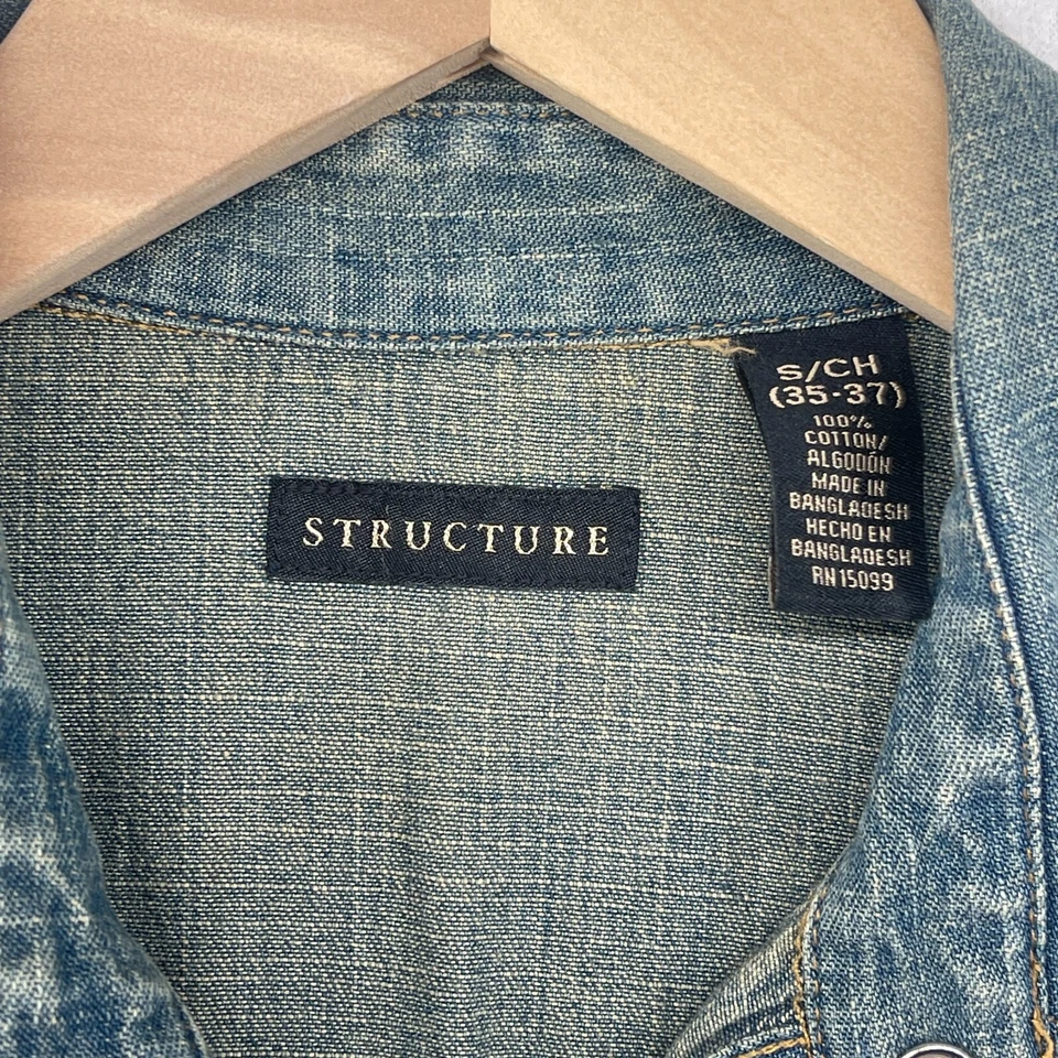 STRUCTURE Shirt Mens S Denim Western Utility Jean Pearl Snap Cotton Blue Vintage - Image 4 of 4