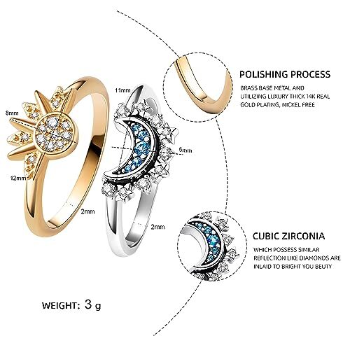 Celestial Sun and Moon Ring Set, Sparkling Sun Ring/Blue