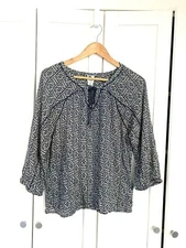 LUCKY BRAND Blouse sz S Peasant JOHN ROBSHAW Blue Ivory Geo Print Loose Fit