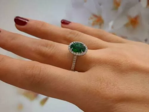 Green emerald halo engagement ring outlet
