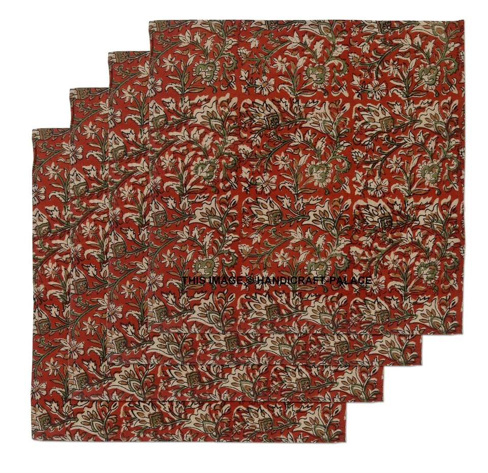 Kalamkari Hand Block Print Cotton Table Napkin 16" x 16" Maroon Color 4 PC's Set - Image 3 of 3