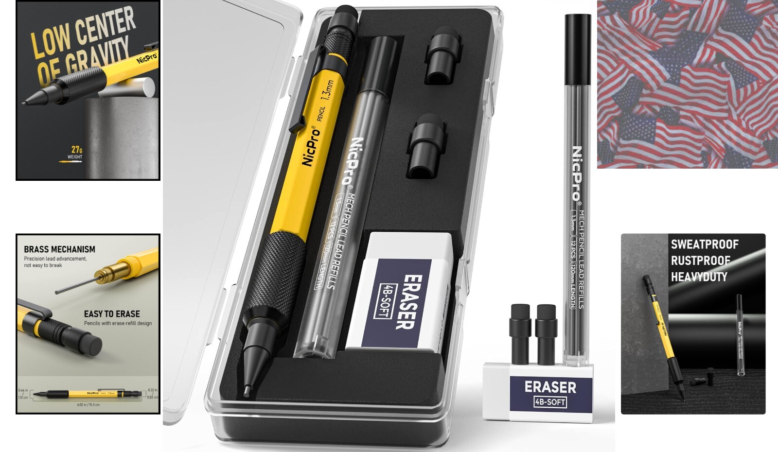 Heavy Duty 1.3mm Mechanical Pencil Set with Eraser & Case - Perfect for Outdoors