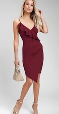 LULUS Burgundy Keep On Flourishing Ruffle Faux Wrap Stretchy Mini Dress Sz S NWT