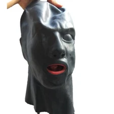 3D Black Latex Rubber Hood with Long Tube Mouth Sheath ClubWear Fetish Mask