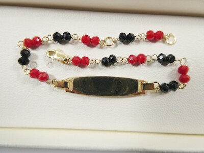 14K REAL SOLID YELLOW GOLD RED BLACK STONE 5.5 INCH BABY BRACELET