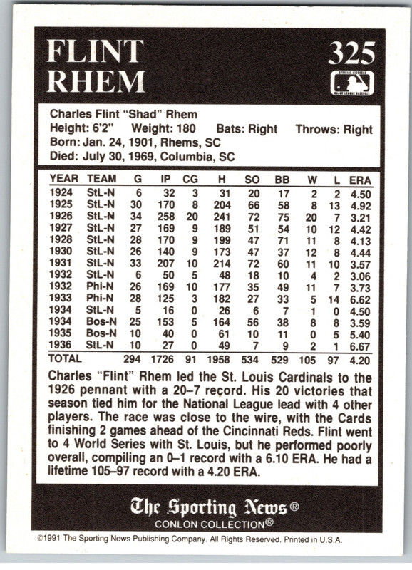 #325 Flint Rhem 1991 TSN Conlon Collection St. Louis Cardinals | eBay