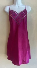 Vintage Val Mode Fuchsia Pink Satin Slip Dress L Beaded Floral Fairy Coquette