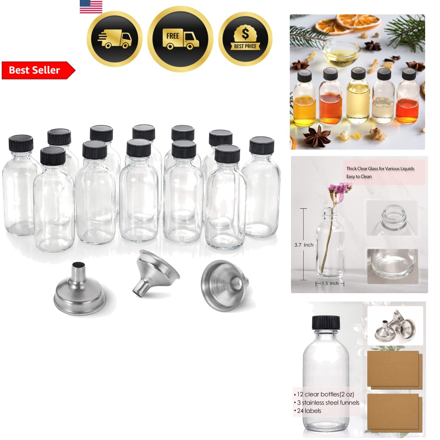 Small Clear 2oz With Lids Funnels Labels 12 Pack