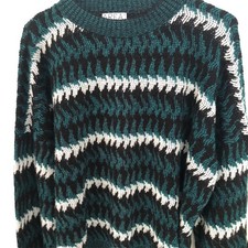 Vintage 1980 s Lg Grandpa Sweater Green Black Zigzag USA Soft Unisex Area By Tag