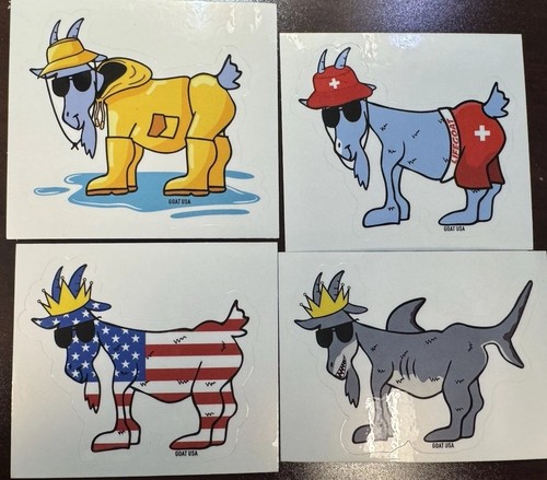 Goat USA Lot Of 4 Stickers: Freedom USA Flag, Raincoat, Shark and Lifeguard