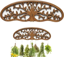 Pine Wood Herb Drying Rack Hanging, Floral-Patterned Artistic Tree Design for Ki