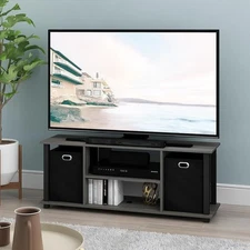 Compact TV Stand W/ Hidden Storage Bins Small Spaces Entertainment Center Black