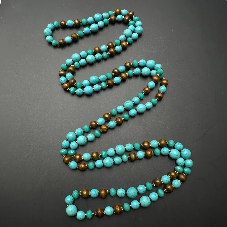 Faux Turquoise Beaded Necklace Brown Wood Beads Boho Southwestern Long 58" - Image 2 of 4