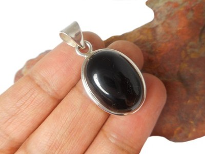 Ovaler schwarzer ONYX Sterling Silber Edelstein Anhänger 925