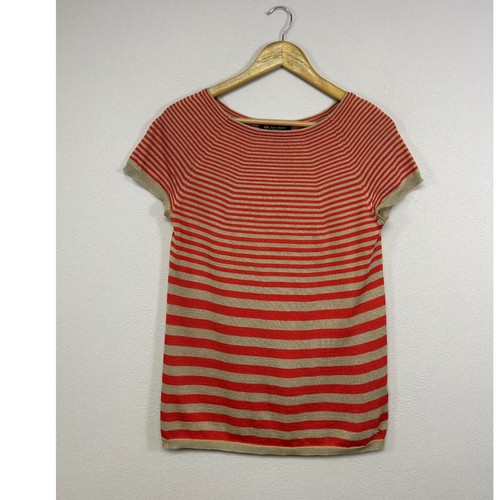 Quiet Luxury Loro Piana Womens 44 Red Gold Striped Short Slv Knit Boat Neck Top